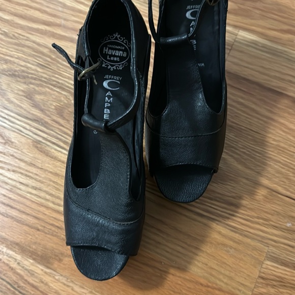 Jeffrey Campbell Black Leather Wood Platform High Heel Sandals Peep Toe - Picture 3 of 8